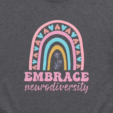 Embrace Neurodiversity Tee Dark Heather Grey t-shirt, design close-up