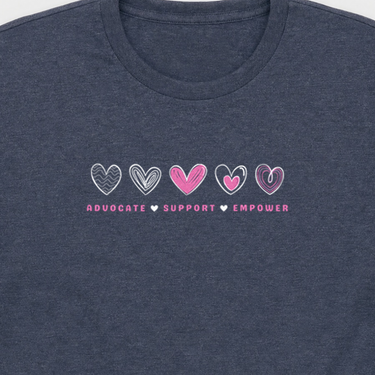 Advocate Support Empower Love Hearts Tee Heather Navy t-shirt, design close-up