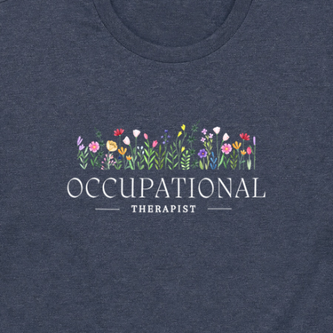 Occupational Therapist Floral Tee Heather Navy t-shirt, design close-up