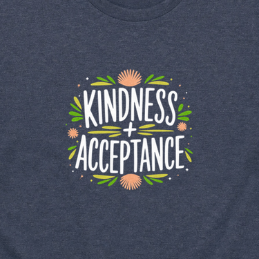 Kindness + Acceptance Tee Heather Navy t-shirt, design close-up