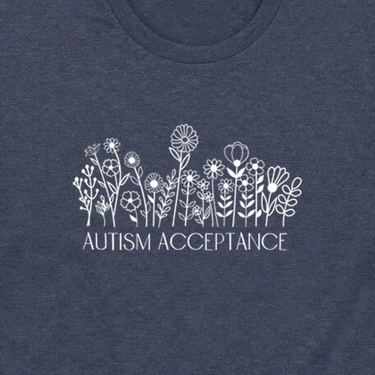 Autism Acceptance Wildflowers Tee Heather Navy t-shirt, design close-up