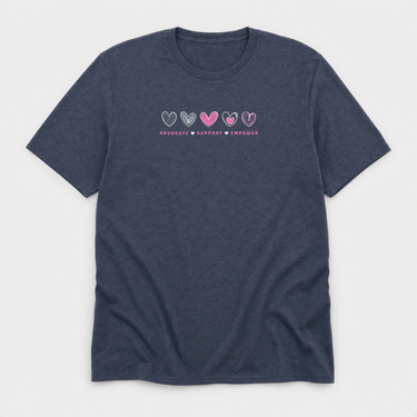 Advocate Support Empower Love Hearts Tee Heather Navy t-shirt, front