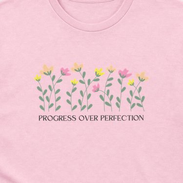 Progress over Perfection Tee Light Pink t-shirt, design close-up
