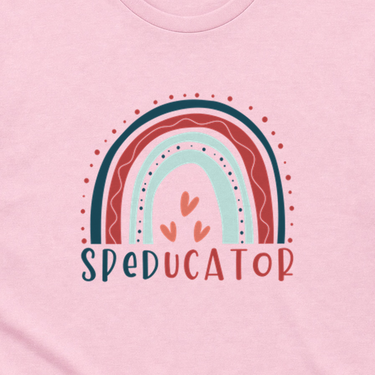 SPEDucator Boho Rainbow Tee Light Pink t-shirt, design close-up