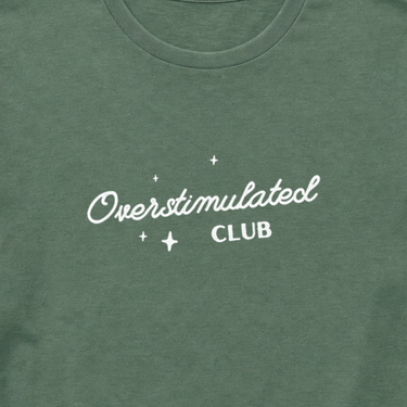 Overstimulated Club Tee Military Green t-shirt, design close-up