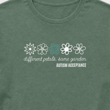 Different Petals Same Garden Flower Sketches Tee Military Green t-shirt, design close-up