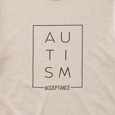 Autism Acceptance Box Tee Sand t-shirt, design close-up