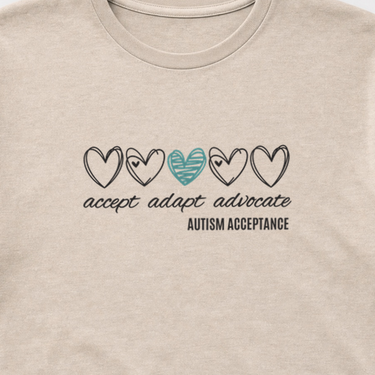 Accept Adapt Advocate Love Hearts Tee Sand t-shirt, design close-up