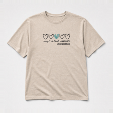 Accept Adapt Advocate Love Hearts Tee Sand t-shirt, front