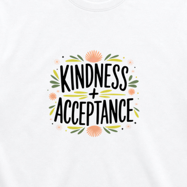 Kindness + Acceptance Tee White t-shirt, design close-up