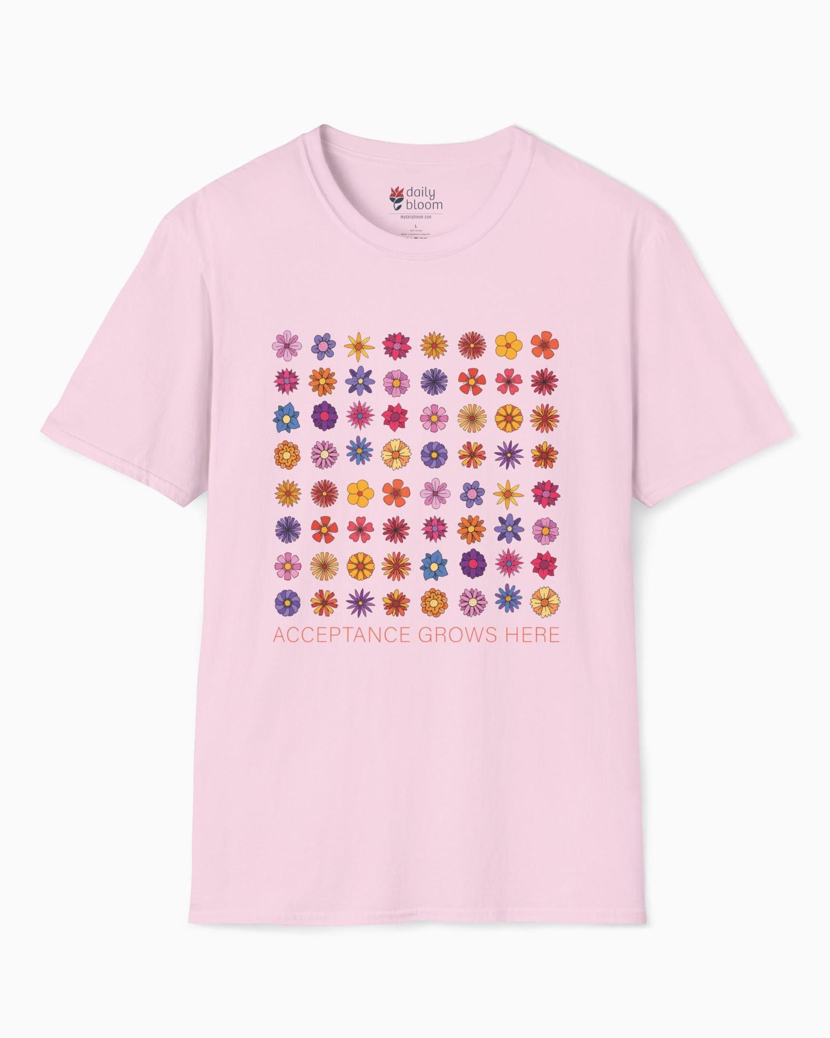 Acceptance Grows Here Flowers Tee-Light Pink-Neurodiversity, ADHD & Autism Awareness & Acceptance T-Shirt by Daily Bloom