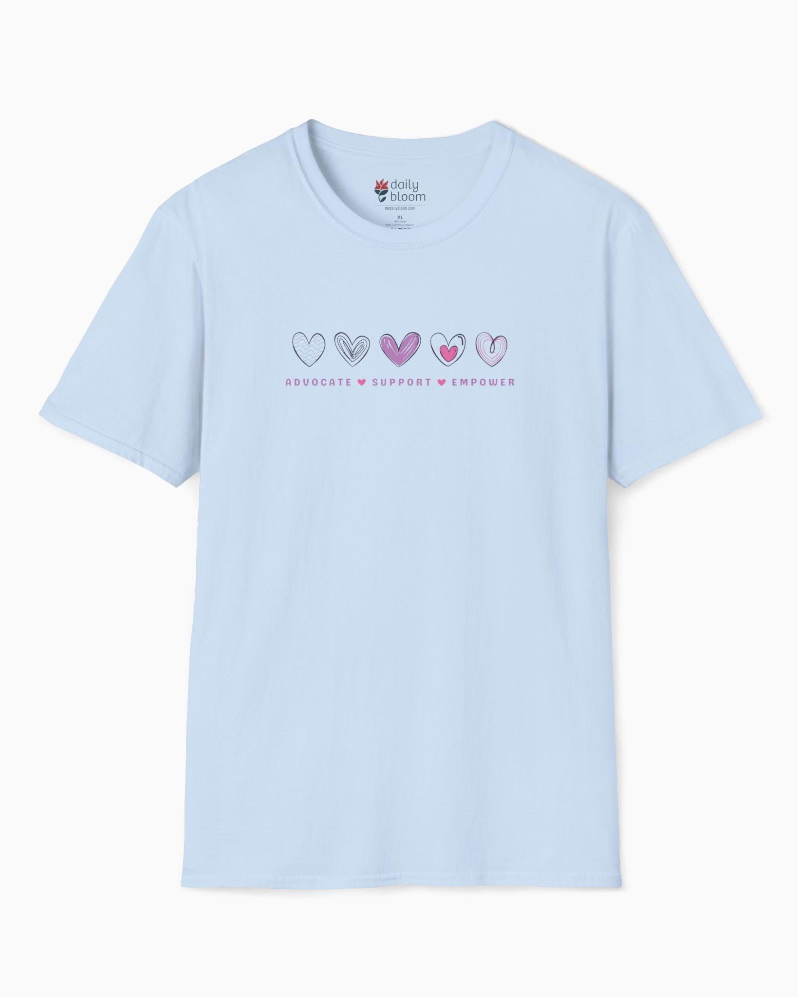 Advocate Support Empower Love Hearts Tee-Light Blue-Neurodiversity, ADHD & Autism Awareness & Acceptance T-Shirt by Daily Bloom