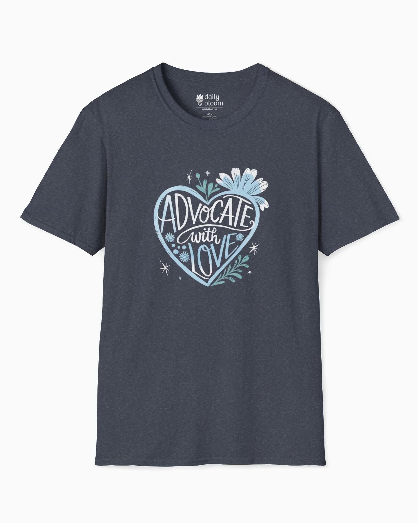 Advocate With Love Tee-Heather Navy-Neurodiversity, ADHD & Autism Awareness & Acceptance T-Shirt by Daily Bloom