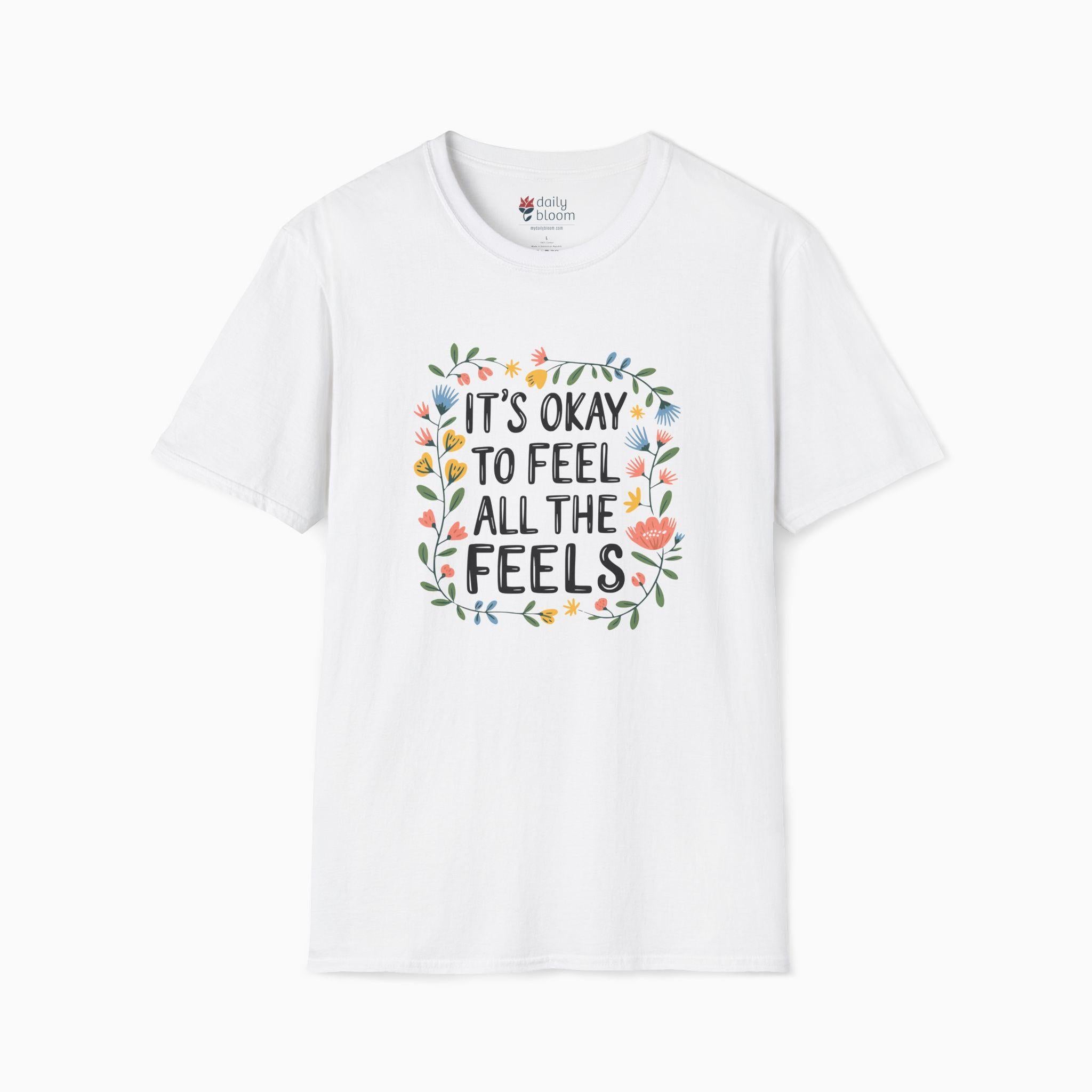 It's Okay To Feel All The Feels Tee-White-Neurodiversity, ADHD & Autism Awareness & Acceptance T-Shirt by Daily Bloom