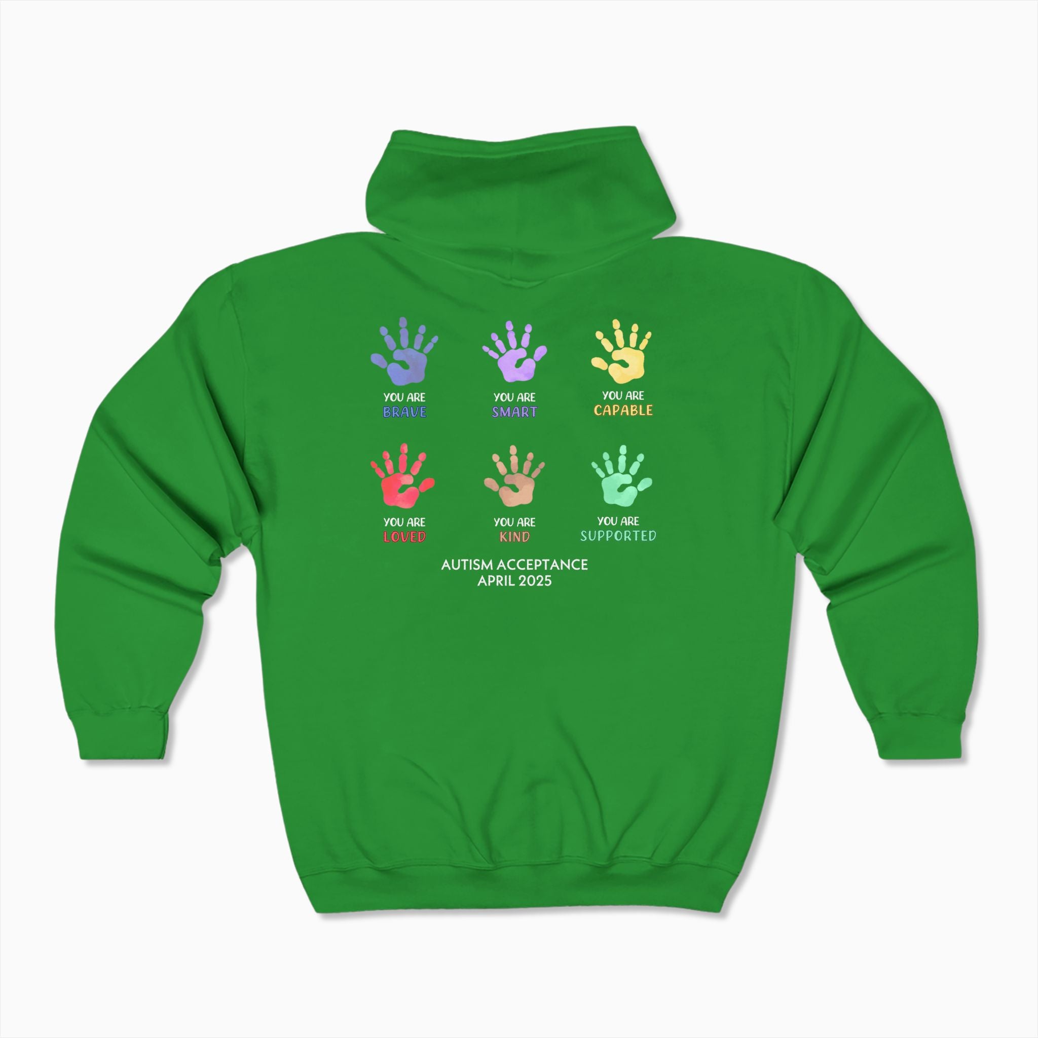 Autism Awareness 2025 - Affirmations Handprints Zip Up Hoodie