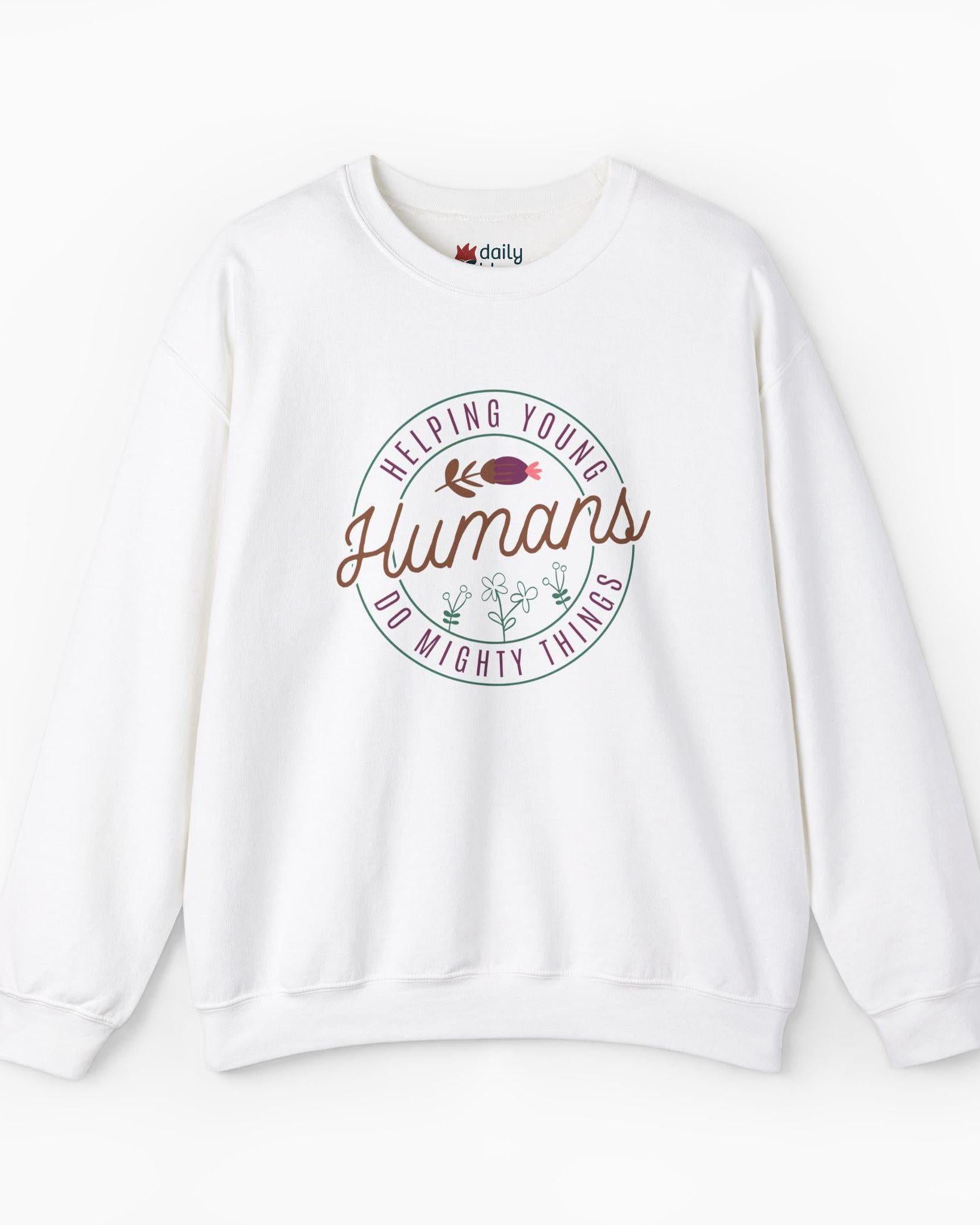 Helping Young Humans Do Mighty Things Sweatshirt-White-Neurodiversity, ADHD & Autism Awareness & Acceptance Sweatshirt by Daily Bloom