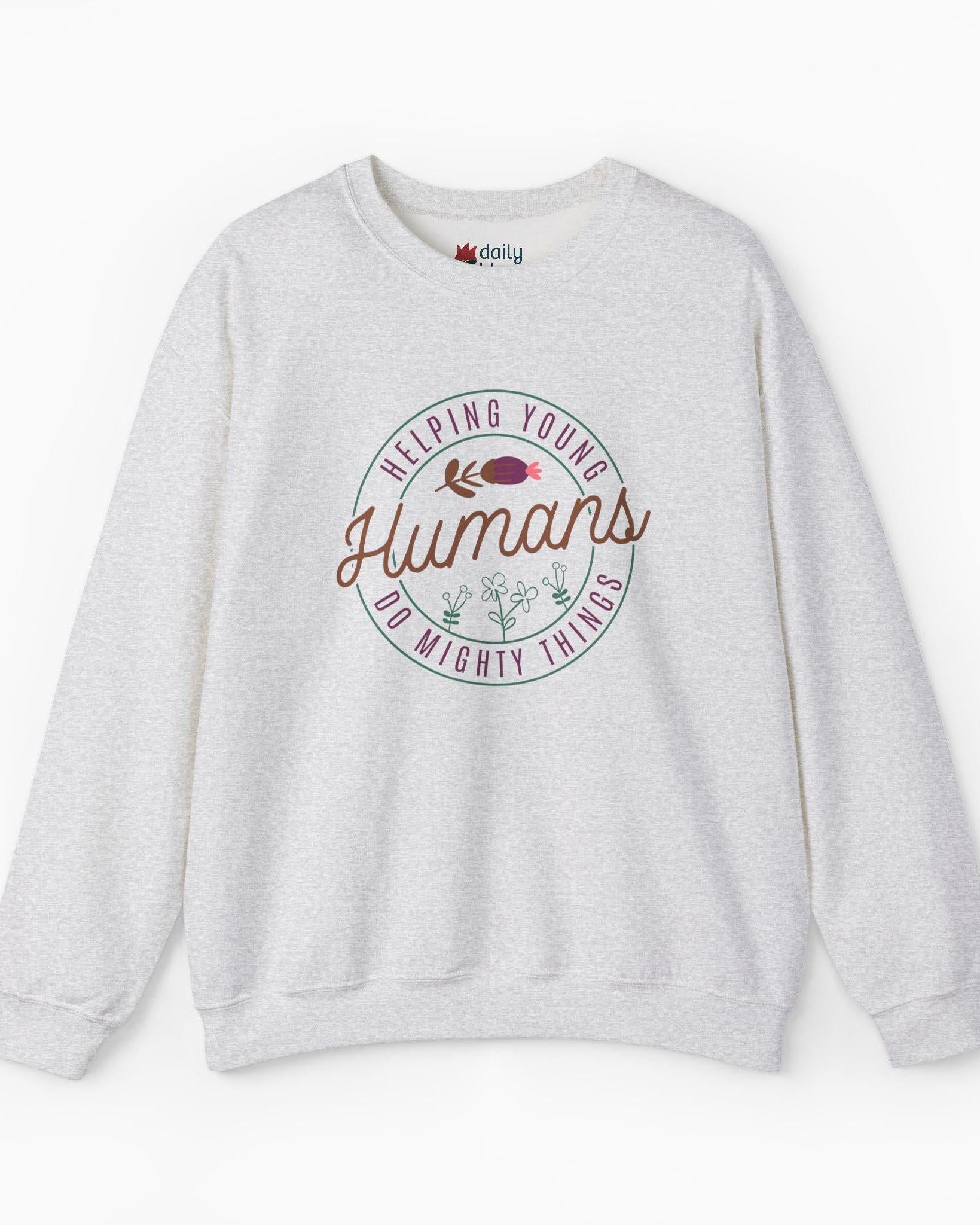 Helping Young Humans Do Mighty Things Sweatshirt-Ash-Neurodiversity, ADHD & Autism Awareness & Acceptance Sweatshirt by Daily Bloom