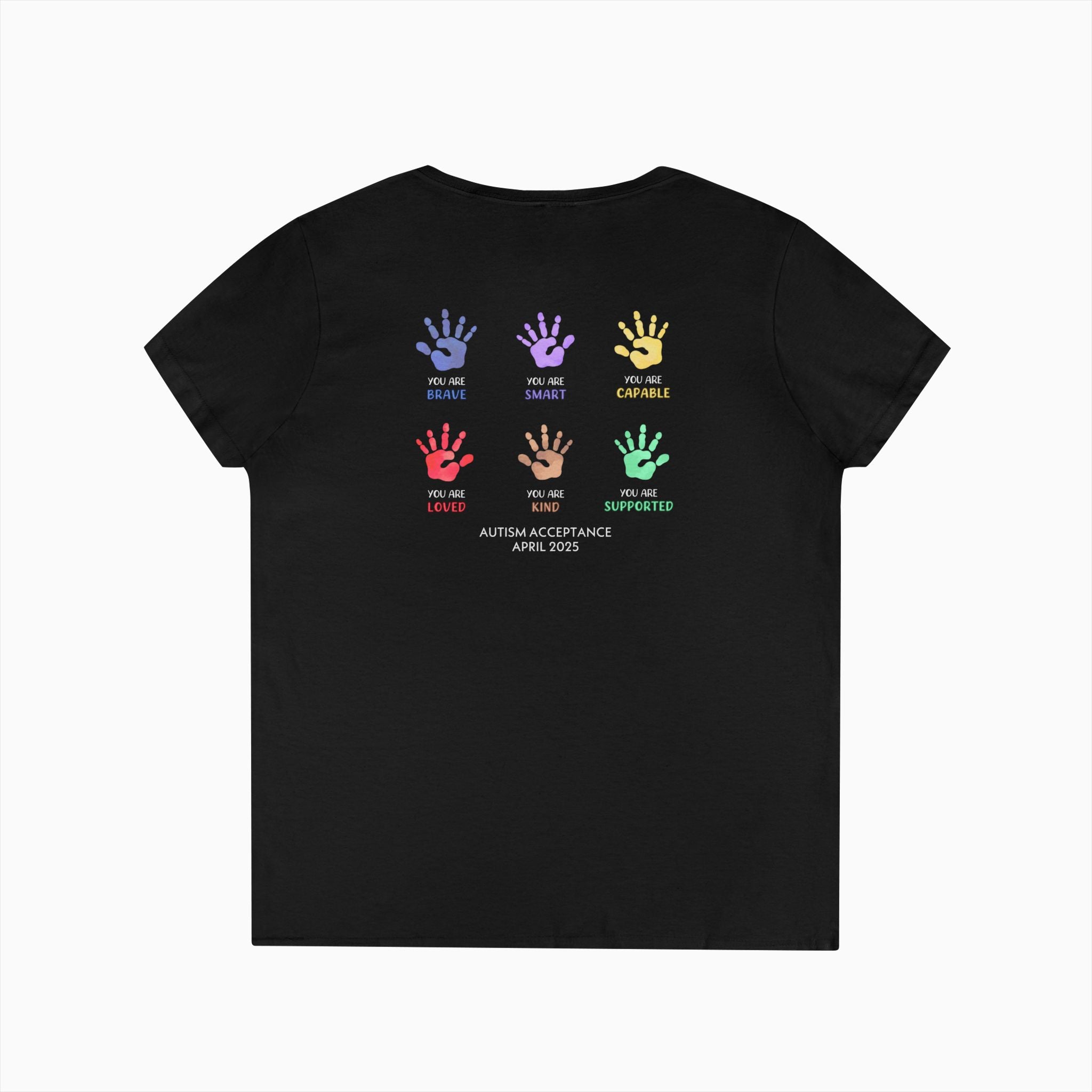 Autism Awareness 2025 - Affirmation Handprints Ladies V-Neck T-Shirt