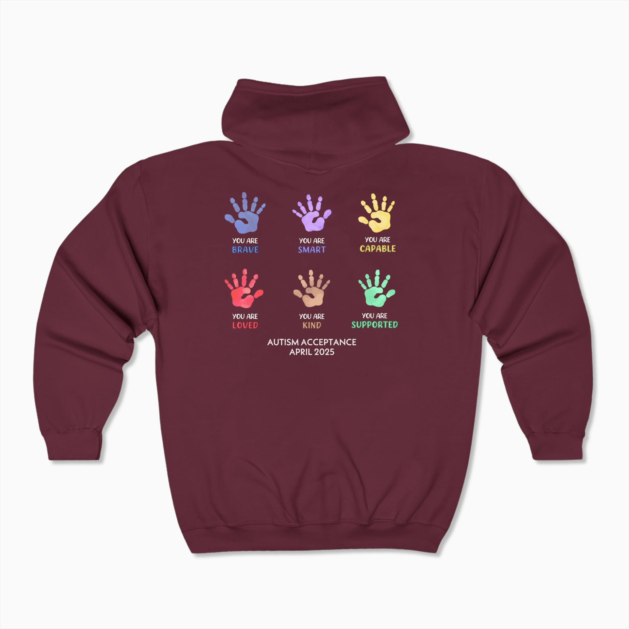 Autism Awareness 2025 - Affirmations Handprints Zip Up Hoodie