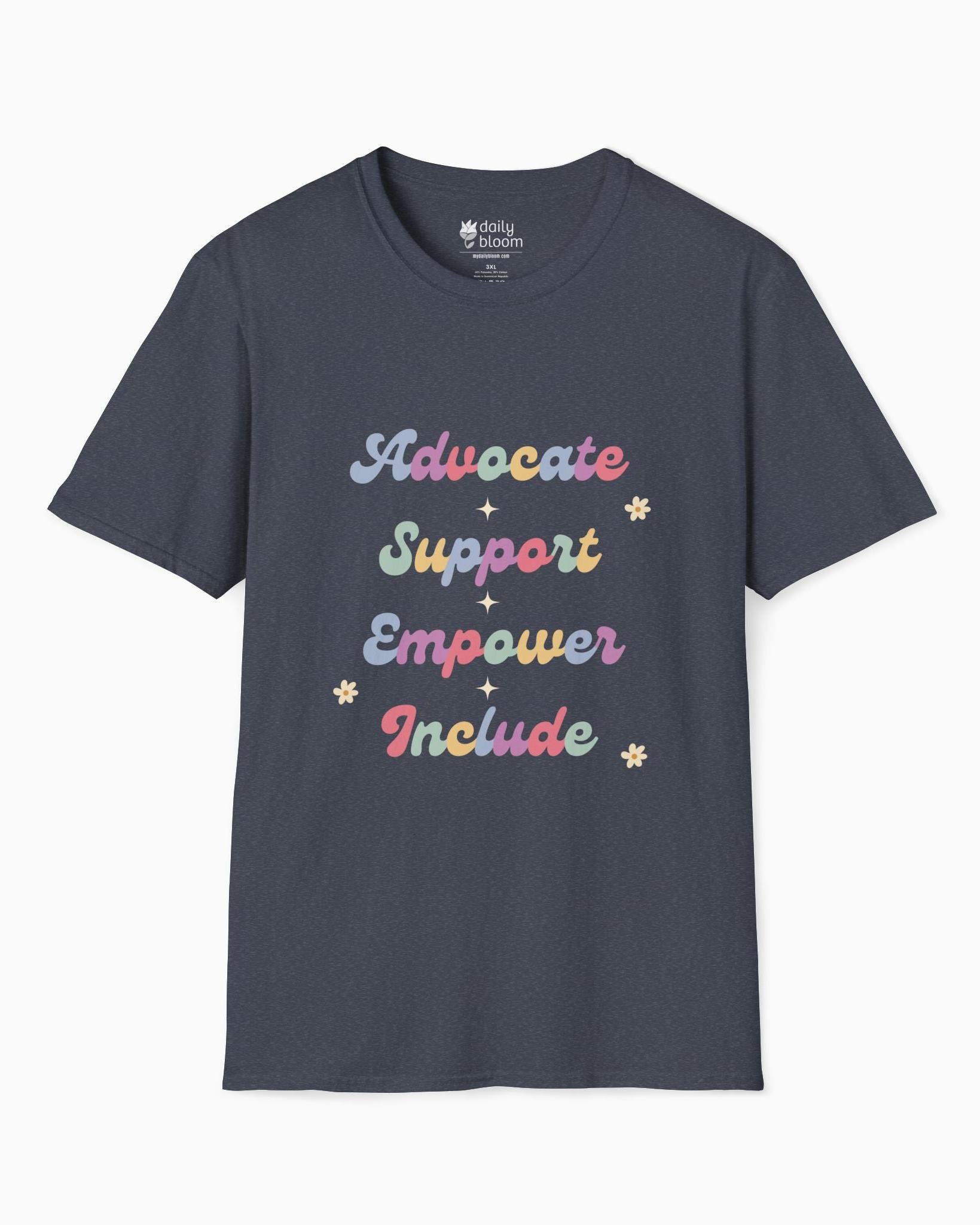 Advocate Support Empower Include Tee-Heather Navy-Neurodiversity, ADHD & Autism Awareness & Acceptance T-Shirt by Daily Bloom