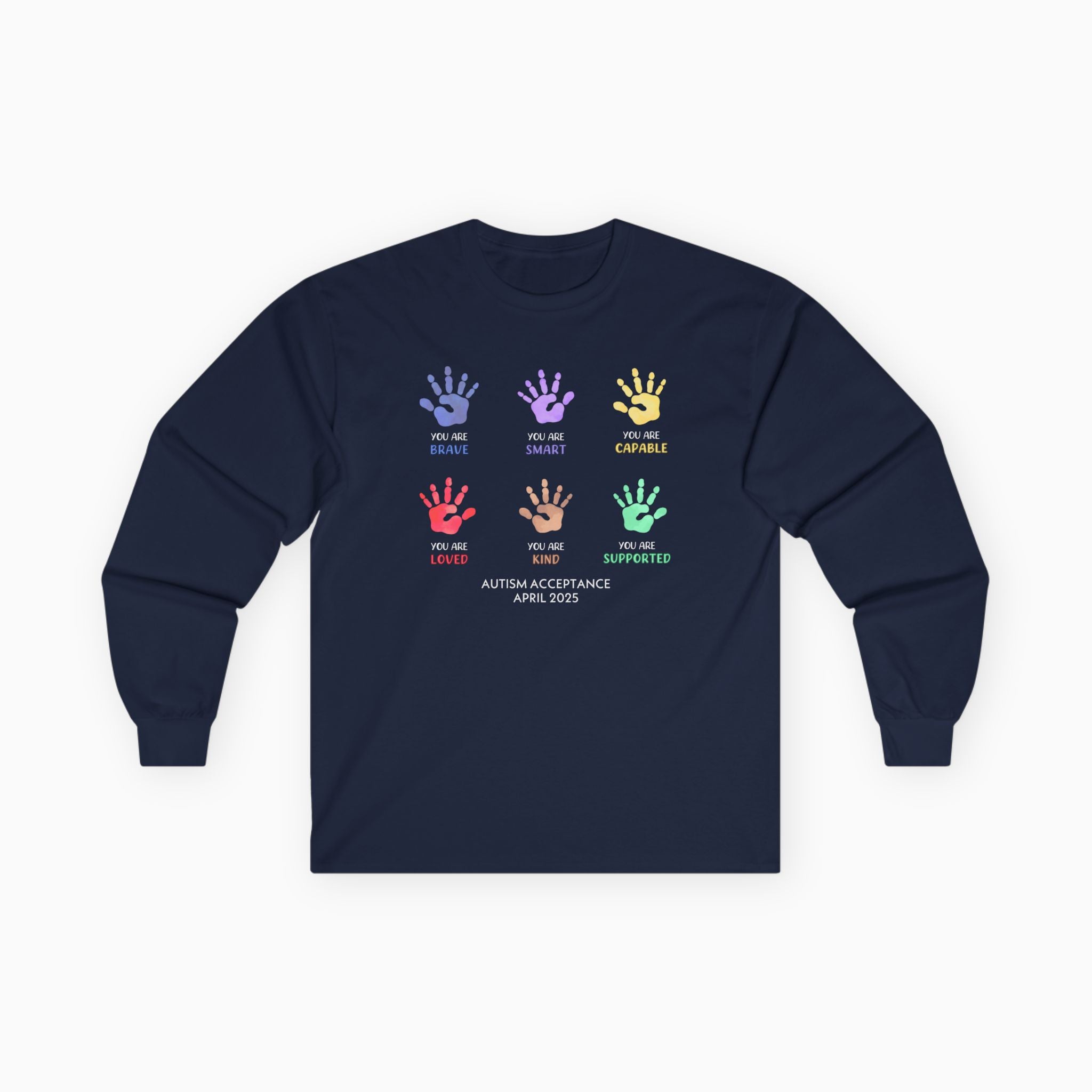 Autism Awareness 2025 - Affirmation Handprints Long Sleeve Tee