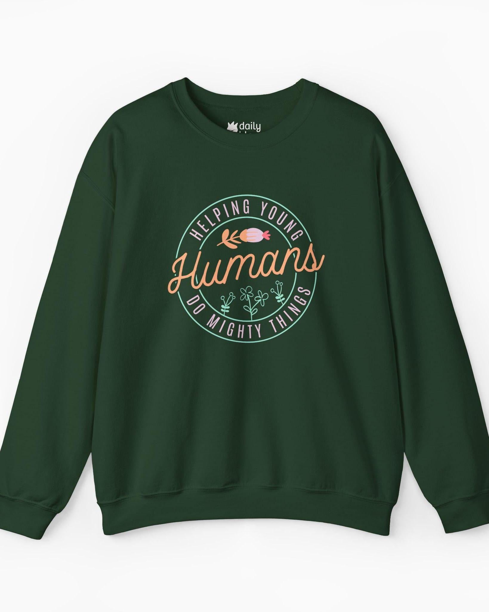 Helping Young Humans Do Mighty Things Sweatshirt-Forest Green-Neurodiversity, ADHD & Autism Awareness & Acceptance Sweatshirt by Daily Bloom