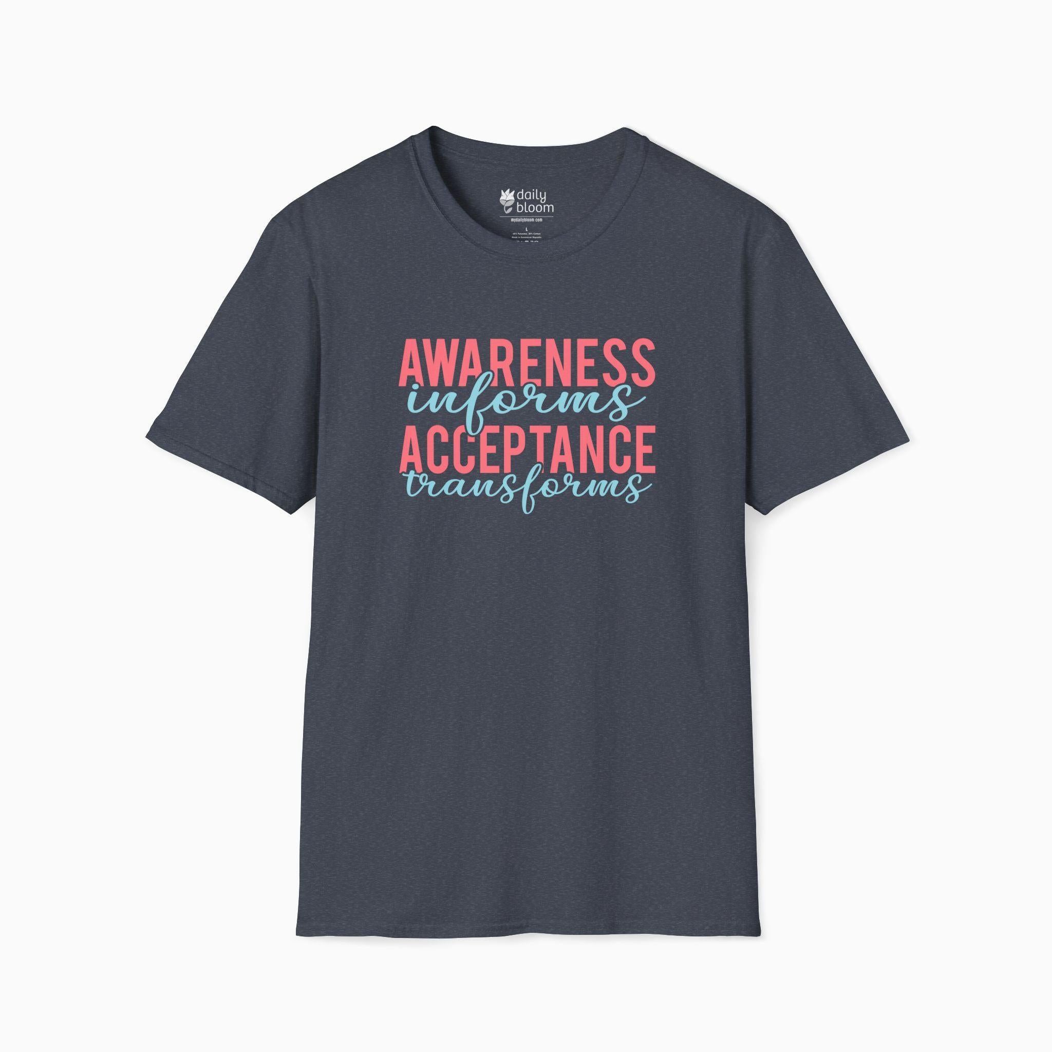 Awareness Informs Acceptance Transforms Tee-Heather Navy-Neurodiversity, ADHD & Autism Awareness & Acceptance T-Shirt by Daily Bloom