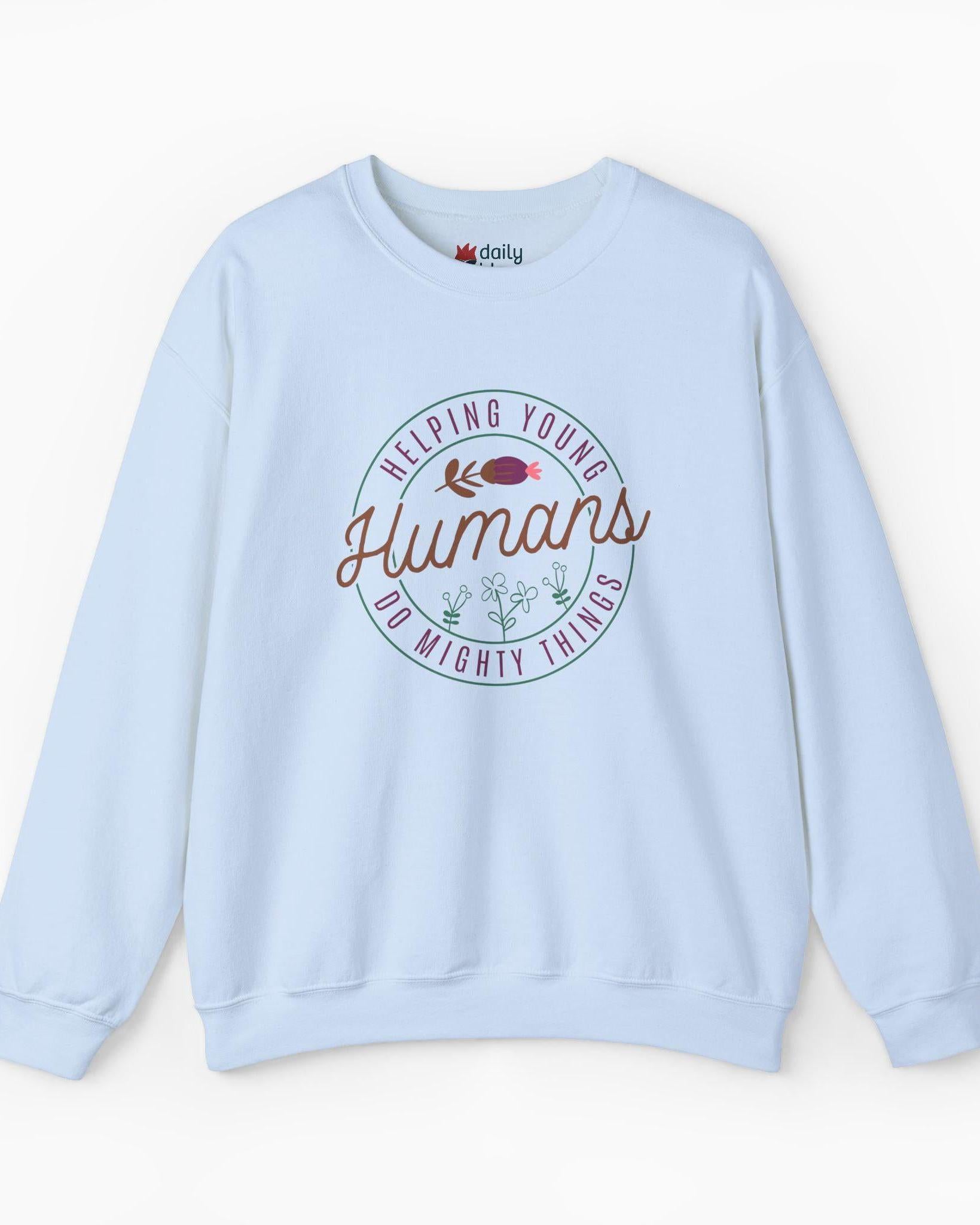 Helping Young Humans Do Mighty Things Sweatshirt-Light Blue-Neurodiversity, ADHD & Autism Awareness & Acceptance Sweatshirt by Daily Bloom