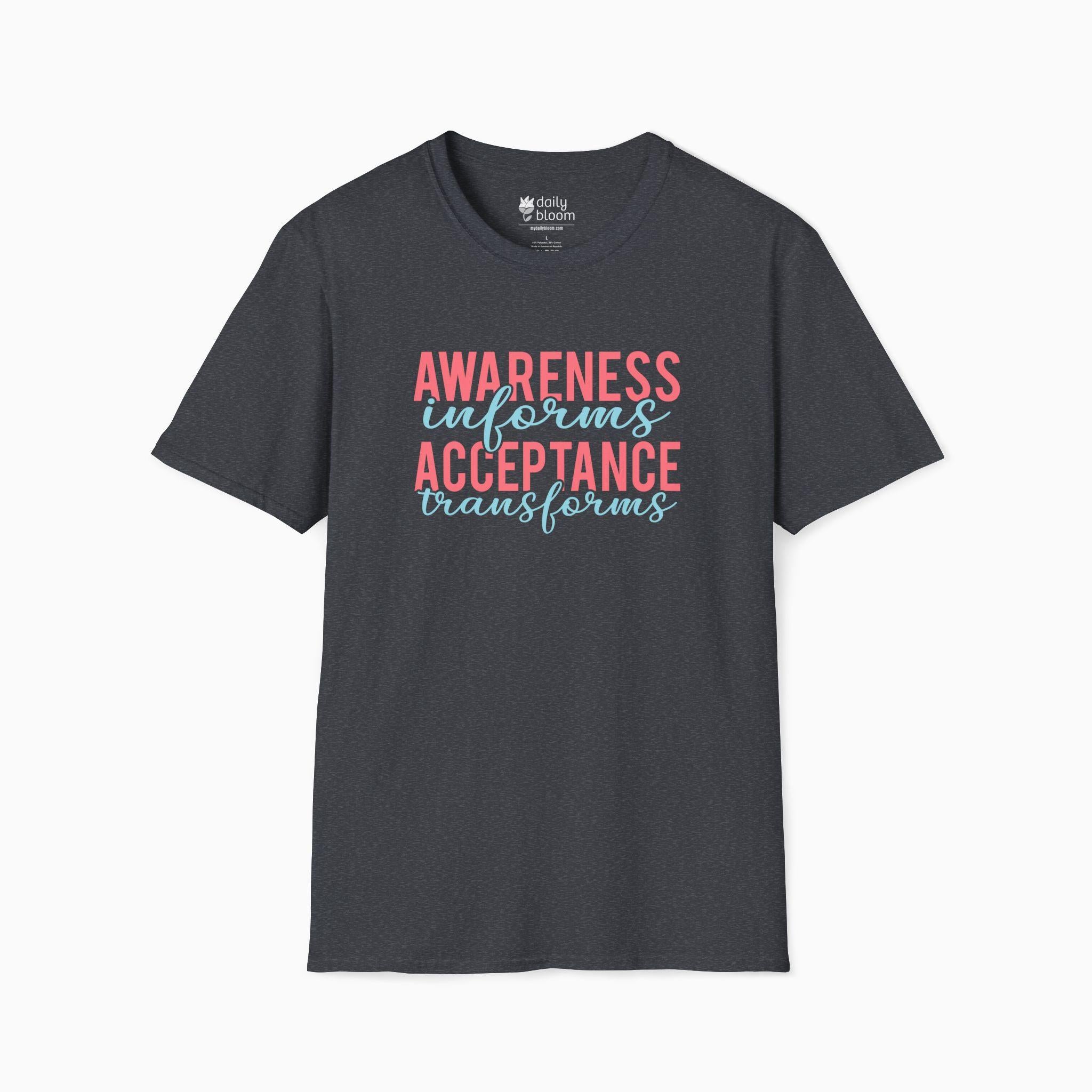 Awareness Informs Acceptance Transforms Tee-Dark Heather Grey-Neurodiversity, ADHD & Autism Awareness & Acceptance T-Shirt by Daily Bloom