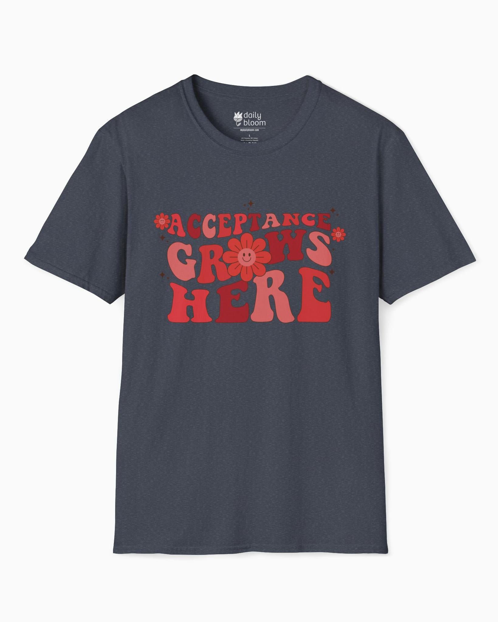 Acceptance Grows Here Groovy-Heather Navy-Neurodiversity, ADHD & Autism Awareness & Acceptance T-Shirt by Daily Bloom