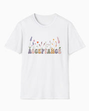 Acceptance Wildflowers Tee-White-Neurodiversity, ADHD & Autism Awareness & Acceptance T-Shirt by Daily Bloom