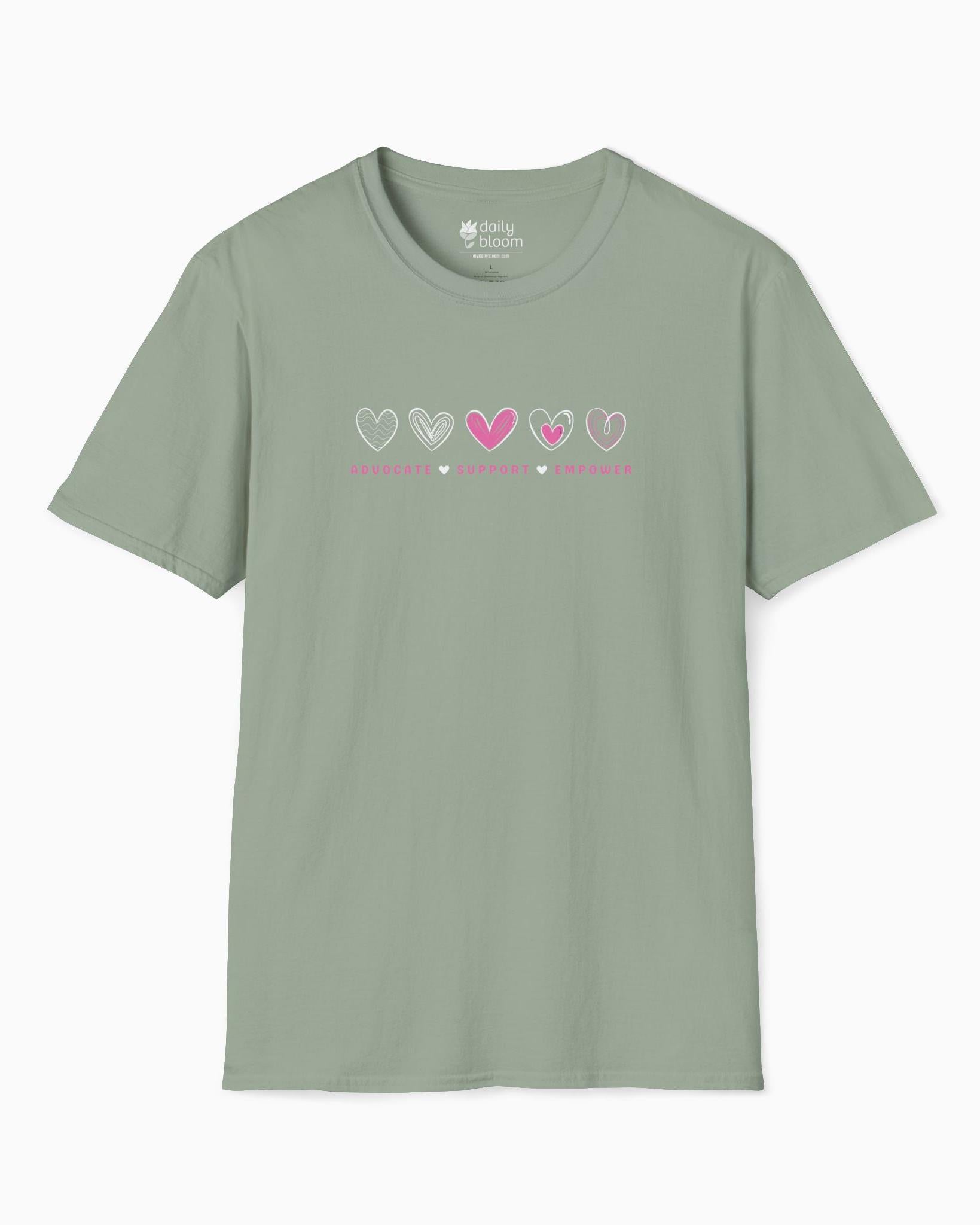 Advocate Support Empower Love Hearts Tee-Sage-Neurodiversity, ADHD & Autism Awareness & Acceptance T-Shirt by Daily Bloom