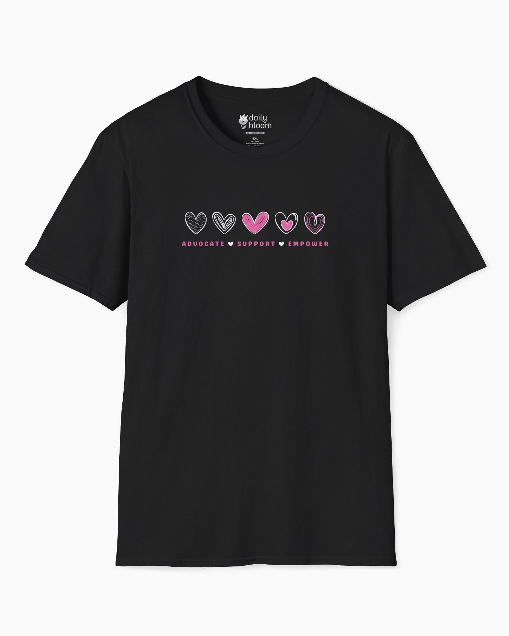 Advocate Support Empower Love Hearts Tee-Black-Neurodiversity, ADHD & Autism Awareness & Acceptance T-Shirt by Daily Bloom