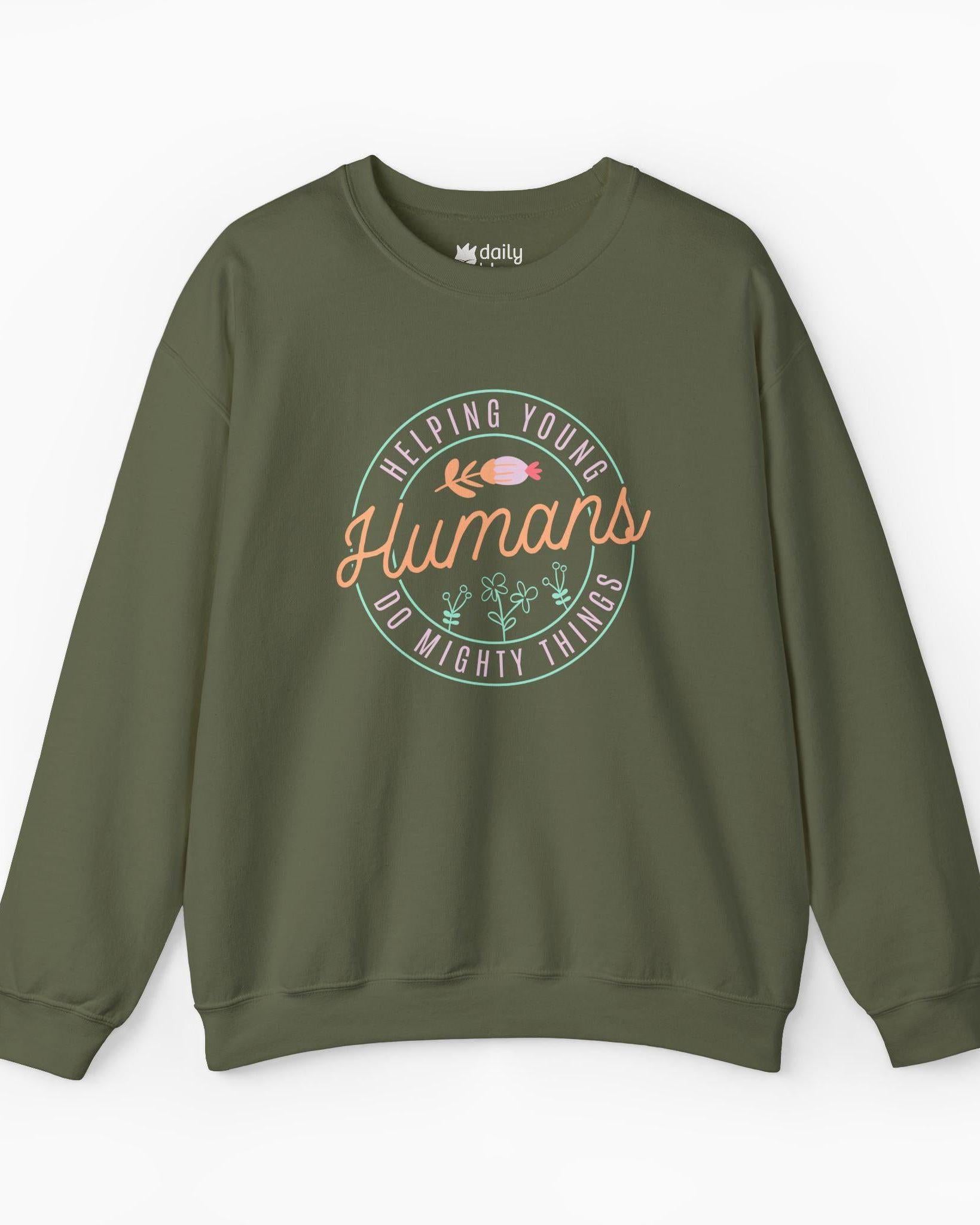 Helping Young Humans Do Mighty Things Sweatshirt-Military Green-Neurodiversity, ADHD & Autism Awareness & Acceptance Sweatshirt by Daily Bloom