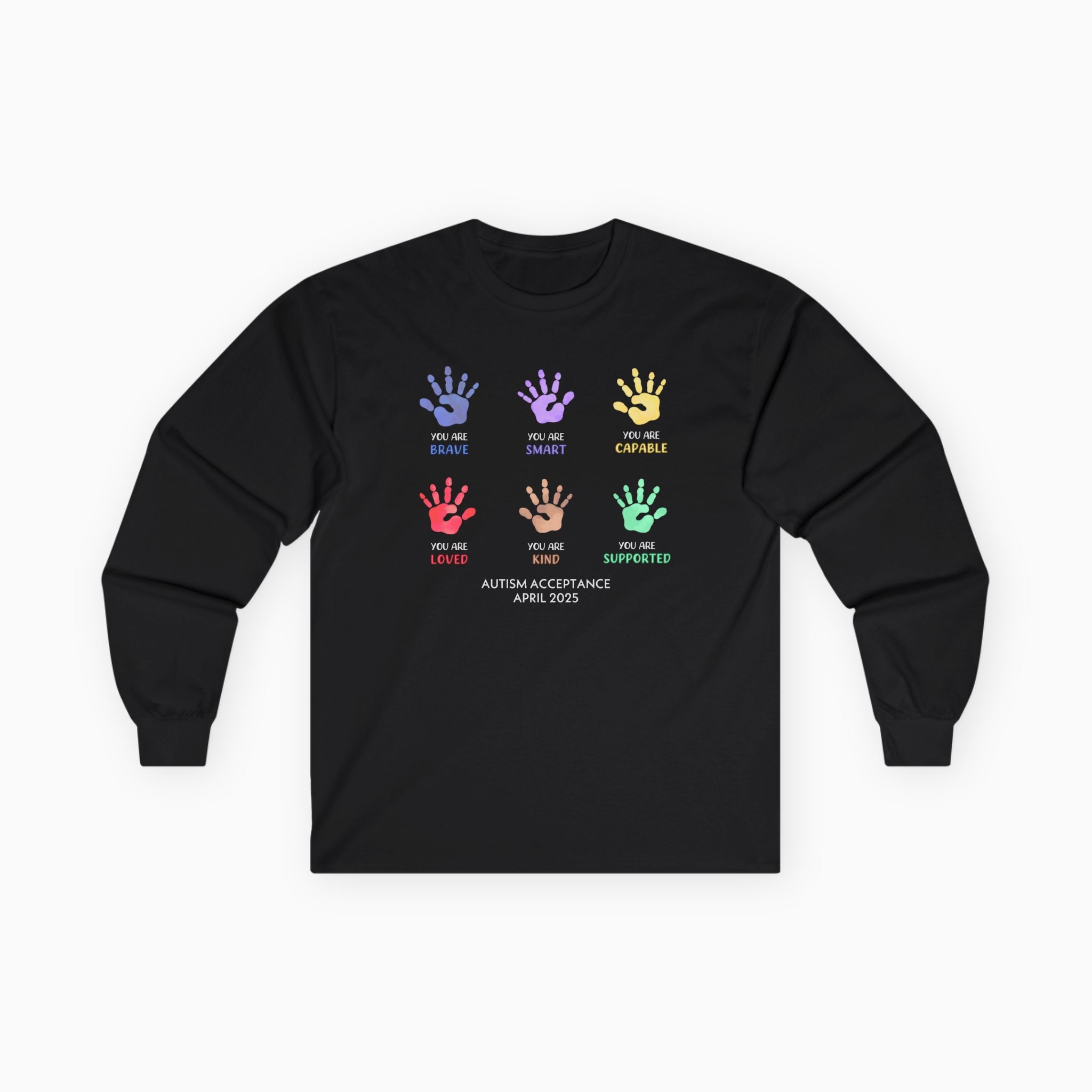 Autism Awareness 2025 - Affirmation Handprints Long Sleeve Tee