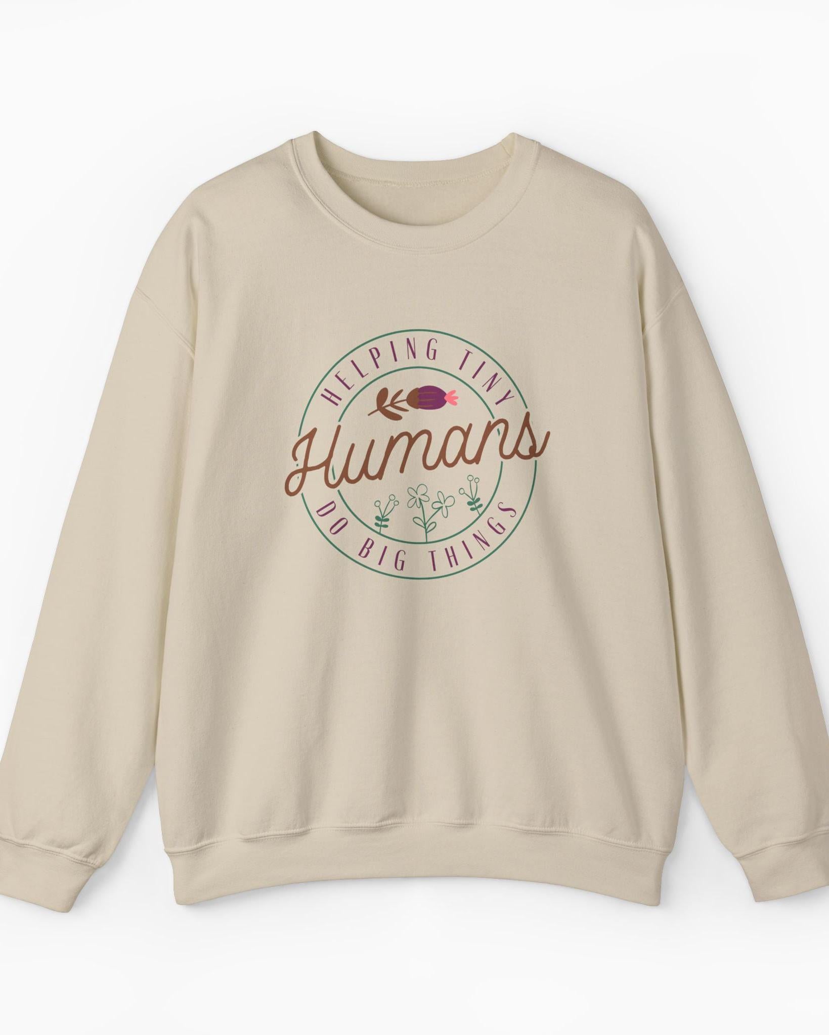 Helping Tiny Humans Do Big Things Sweatshirt-Sand-Neurodiversity, ADHD & Autism Awareness & Acceptance Sweatshirt by Daily Bloom