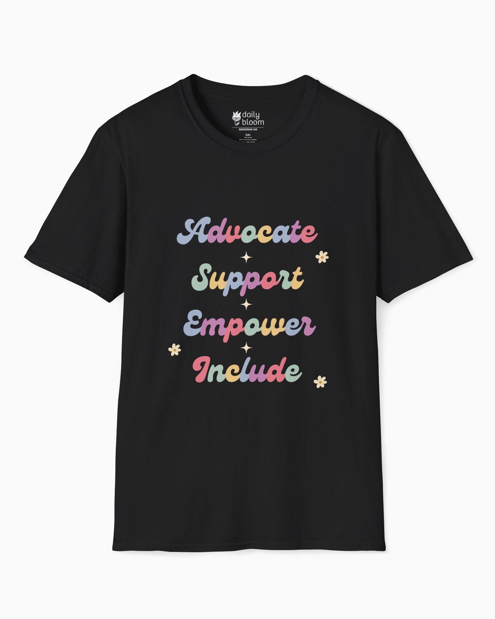 Advocate Support Empower Include Tee-Black-Neurodiversity, ADHD & Autism Awareness & Acceptance T-Shirt by Daily Bloom