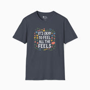 It's Okay To Feel All The Feels Tee-Heather Navy-Neurodiversity, ADHD & Autism Awareness & Acceptance T-Shirt by Daily Bloom