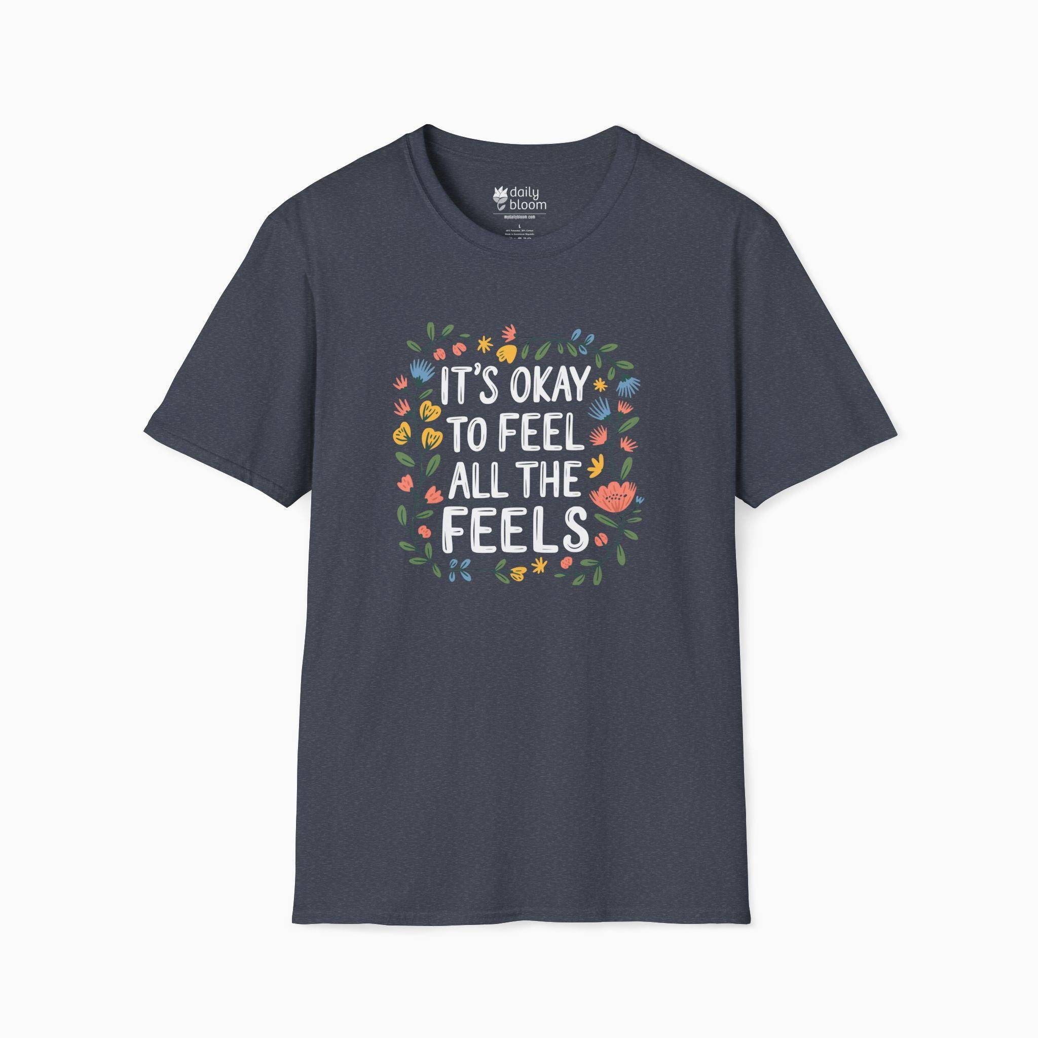 It's Okay To Feel All The Feels Tee-Heather Navy-Neurodiversity, ADHD & Autism Awareness & Acceptance T-Shirt by Daily Bloom