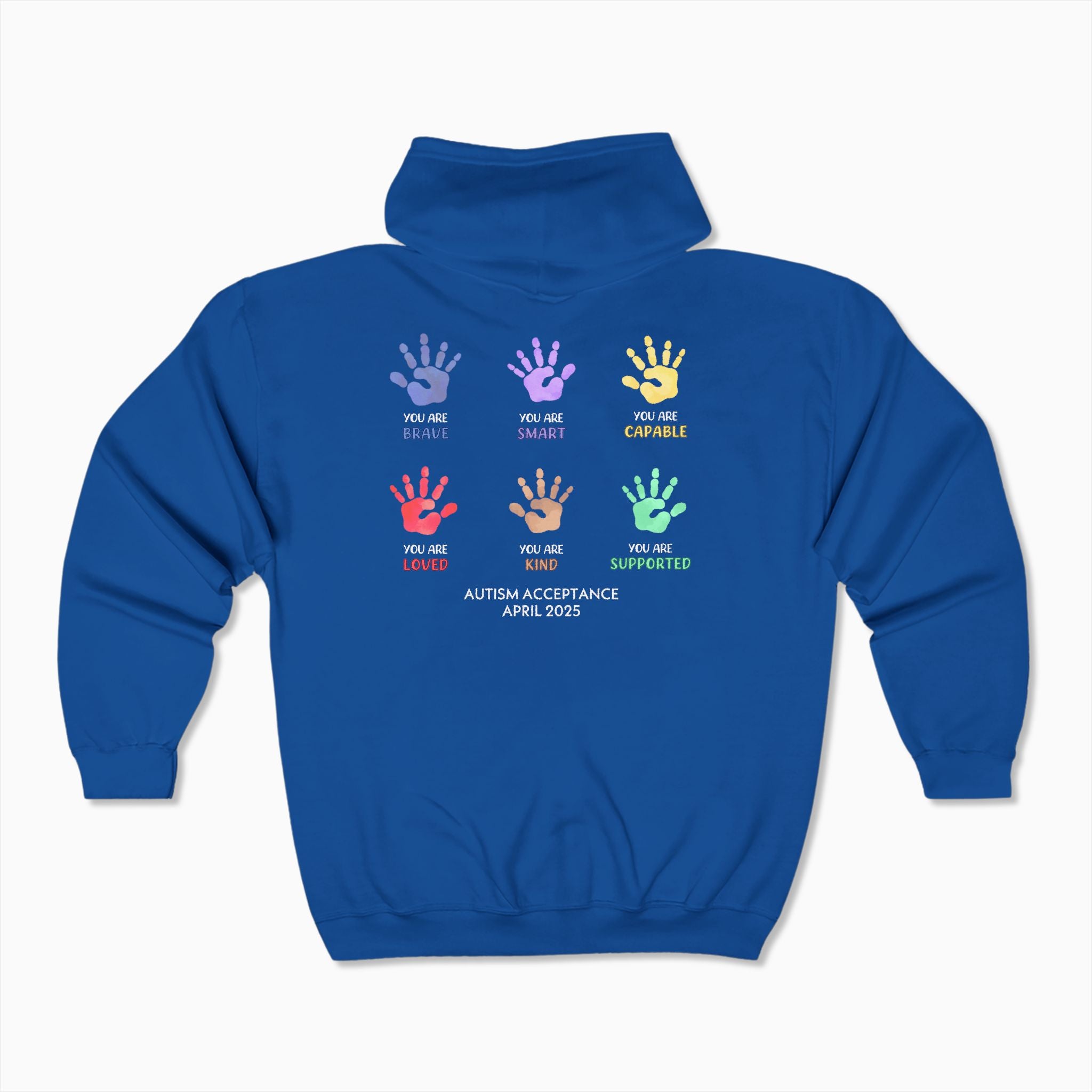 Autism Awareness 2025 - Affirmations Handprints Zip Up Hoodie