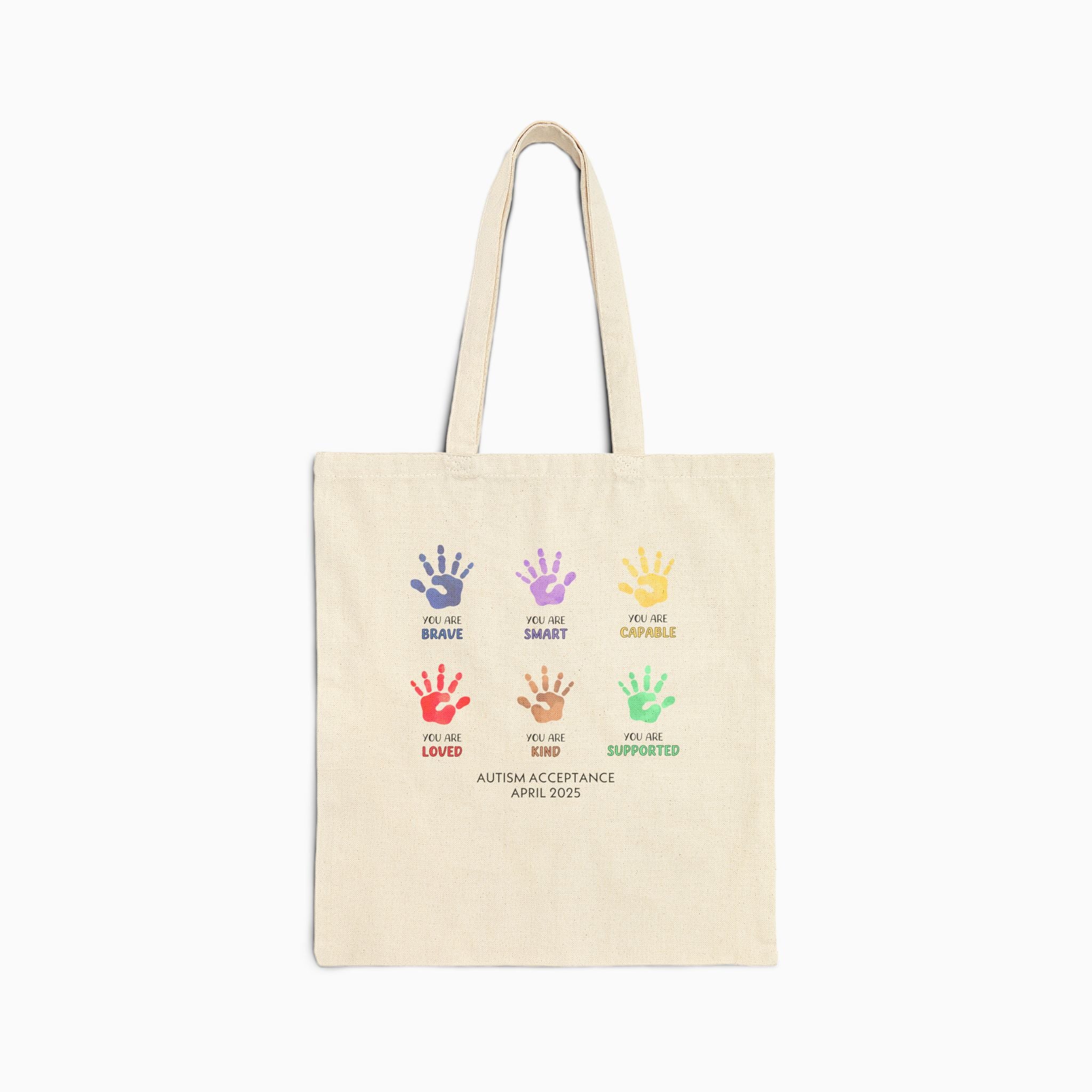 Autism Awareness 2025 - Affirmation Handprints Canvas Tote Bag