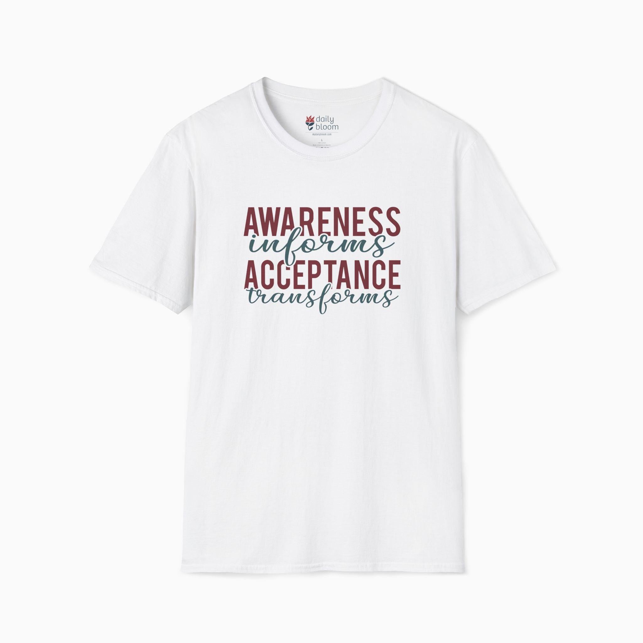 Awareness Informs Acceptance Transforms Tee-White-Neurodiversity, ADHD & Autism Awareness & Acceptance T-Shirt by Daily Bloom
