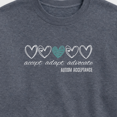 Accept Adapt Advocate Love Hearts Sweatshirt Dark Heather sweatshirt, design close-up
