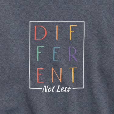 Different Not Less Sweatshirt Dark Heather sweatshirt, design close-up