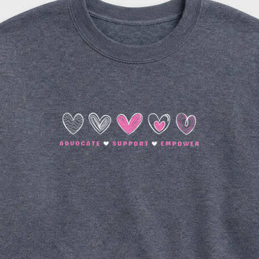 Advocate Support Empower Love Hearts Sweatshirt Dark Heather sweatshirt, design close-up