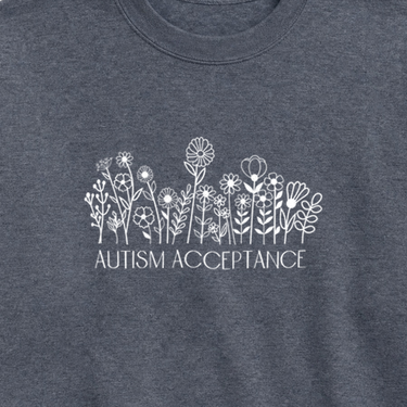 Autism Acceptance Wildflowers Sweatshirt Dark Heather sweatshirt, design close-up
