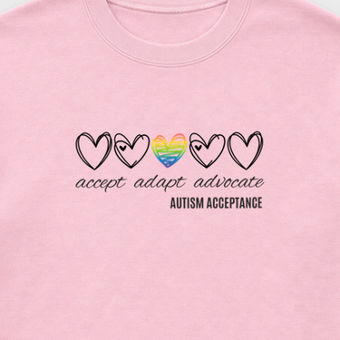 Accept Adapt Advocate Rainbow Love Heart Sweatshirt Light Pink sweatshirt, design close-up