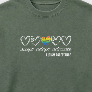 Accept Adapt Advocate Rainbow Love Heart Sweatshirt Military Green sweatshirt, design close-up