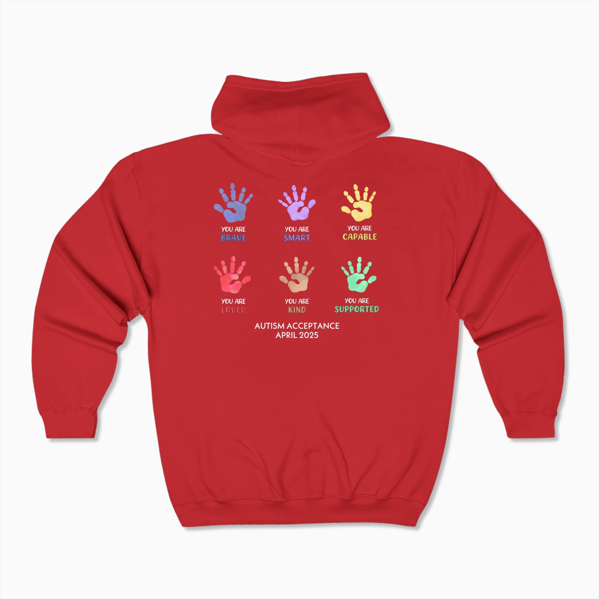 Autism Awareness 2025 - Affirmations Handprints Zip Up Hoodie