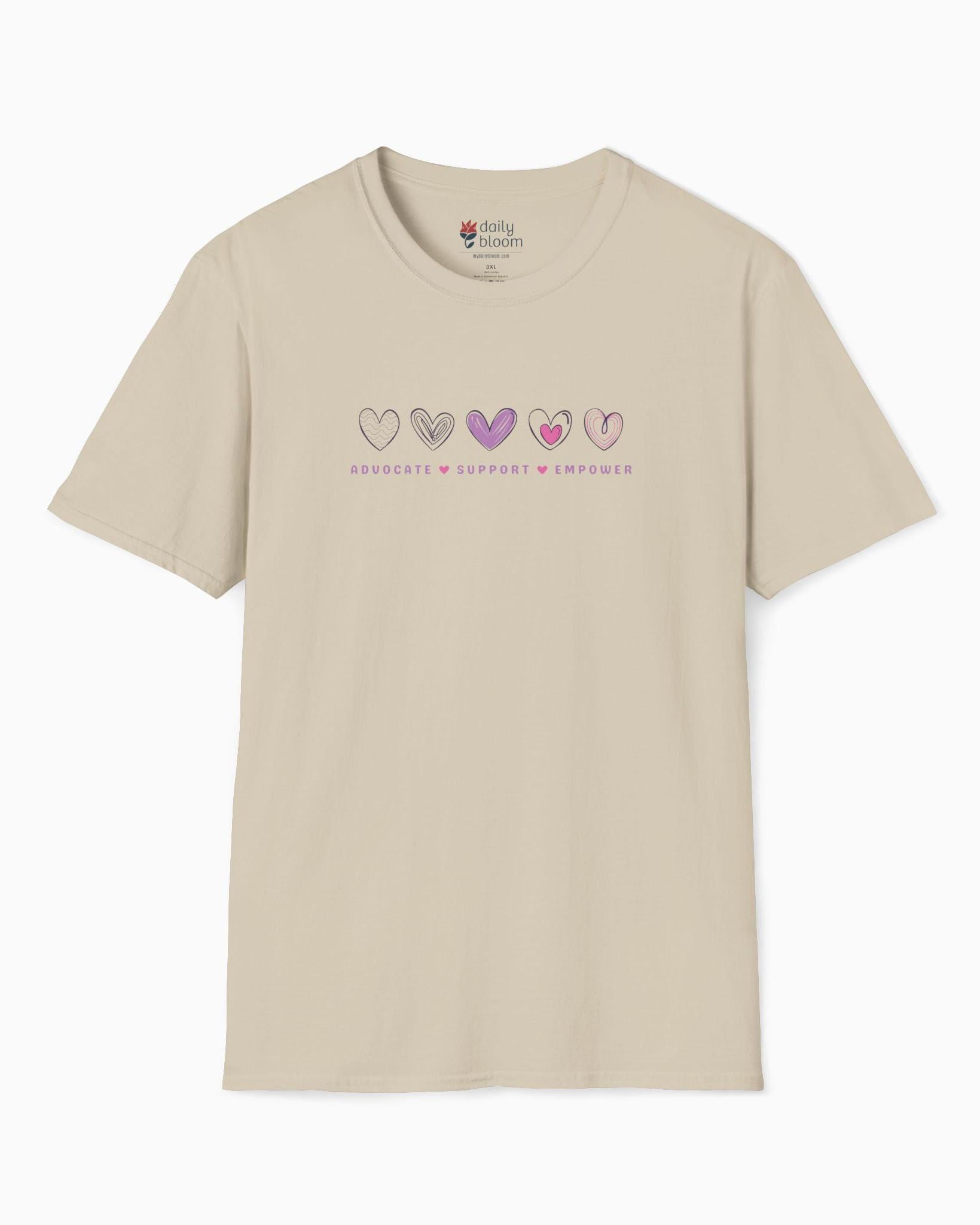 Advocate Support Empower Love Hearts Tee-Sand-Neurodiversity, ADHD & Autism Awareness & Acceptance T-Shirt by Daily Bloom